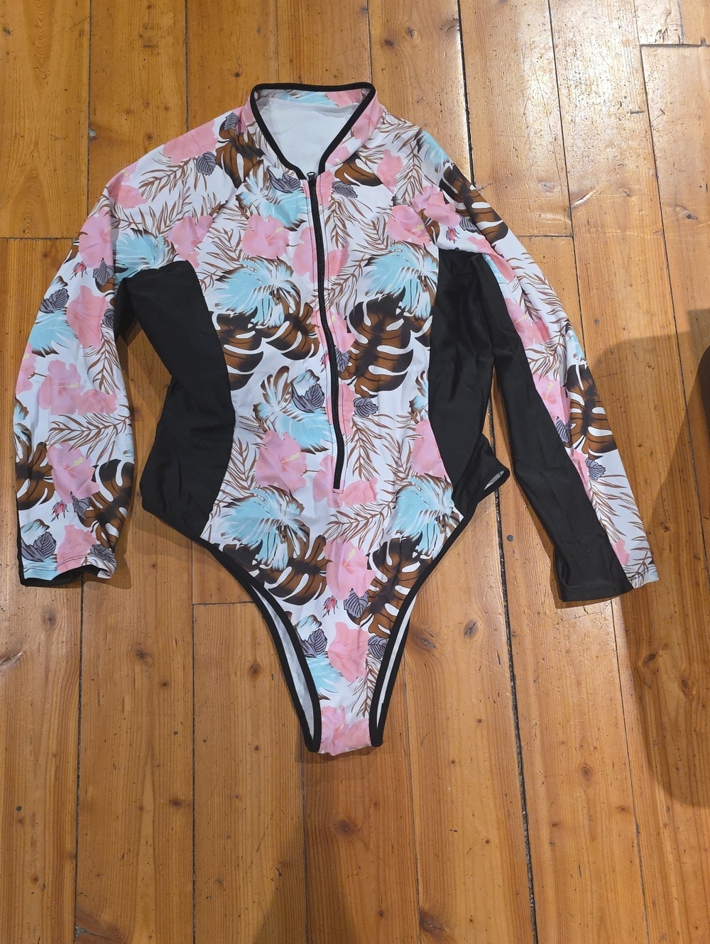 SHEIN Black Panel Floral Long-Sleeve One-Piece Swimsuit - Pink Blue Brown